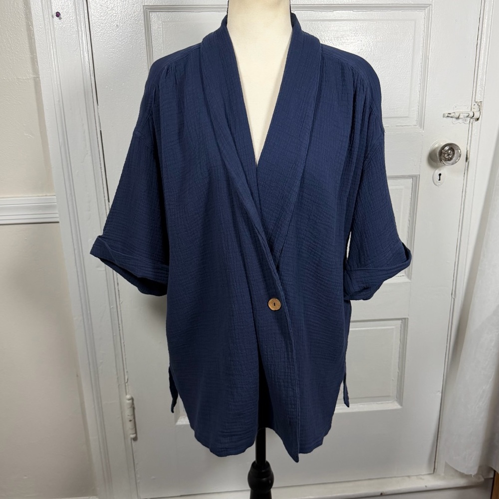 We The Free Lou Blazer Shirt Navy Blue Oversized Slouchy Cardigan Boho Cotton S - Picture 6 of 16